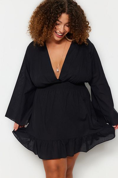 Trendyol Curve Plus Size Black Ruffled Hem Double Breasted Beach Dress - Tbbss23Ah00164
