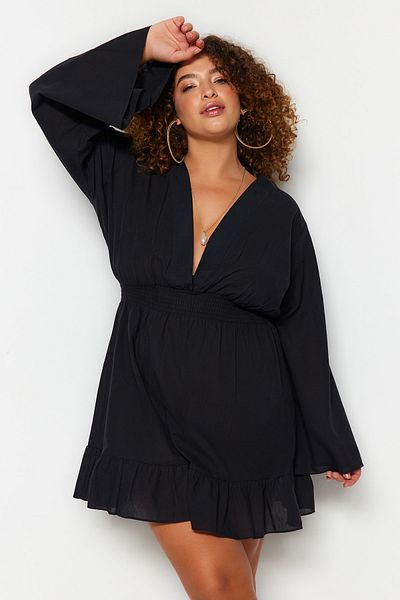 Trendyol Curve Plus Size Black Ruffled Hem Double Breasted Beach Dress - Tbbss23Ah00164
