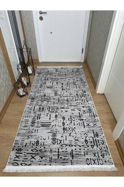 MBA Three-Dimensional Gray Fringed Patterned - Washable Embossed Non-Slip Black Base Carpet