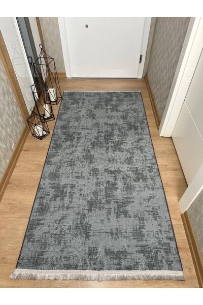 MBA Anthracite Patterned Emboss Fringed - Washable Carpet with Non-Slip Base