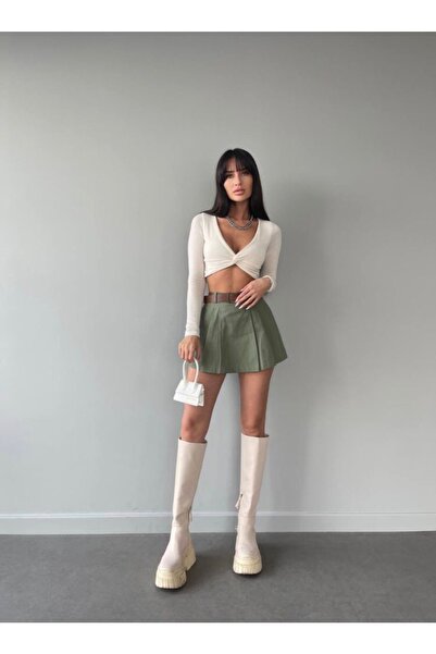 Genel Markalar Kadın Haki Piliseli Mini Şortlu Etek