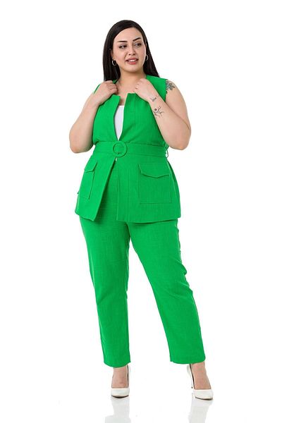 DISENTIS MODEST Large Size Belted Vest Trousers Linen Lined Green Set