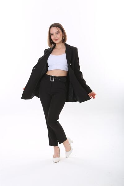 ModaSehle Women's Buttoned Blazer Jacket Belted Trousers Woven Atlas Fabric Suit