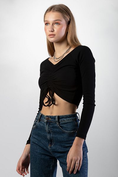 Pattaya Vorne geraffte, gerippte Crop-Bluse für Damen Y20w145-sa021