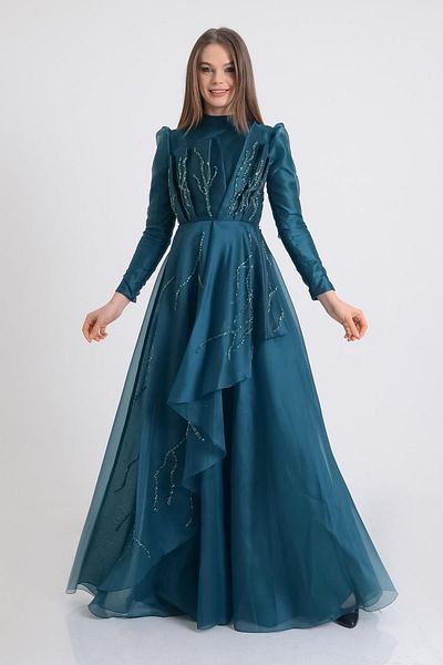 SpringStore Emerald Fan Detailed Hijab Evening Dress