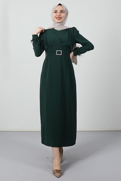 Giza Giyim Φόρεμα Hijab με λεπτομέρεια με πούπουλα Emerald