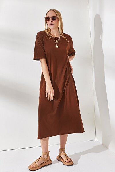 Olalook Kadın Acı Kahve Yanı Yırtmaçlı Oversize Elbise  ELB-19001880