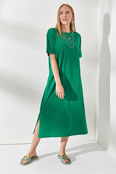 Olalook Grasgrünes Oversize-Baumwollkleid für Damen mit Seitenschlitzen ELB-19001880