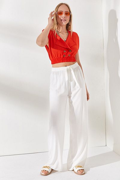 Olalook Ecrufarbene Damen-Palazzo-Leinenhose mit Schnürung und elastischer Taille PNT-19000219