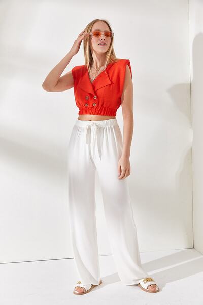 Olalook Dámské Ecru pas s elastickým krajkem plátěné kalhoty Palazzo PNT-19000219