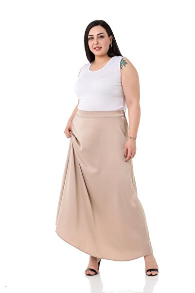 DISENTIS MODEST Large Size Elastic Waist Back Flared Satin Long Beige Skirt