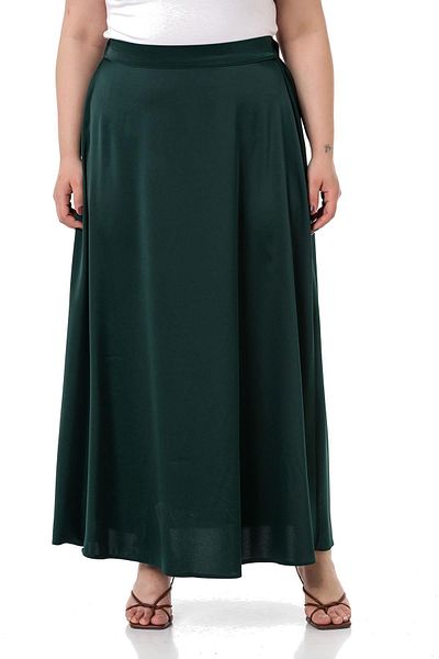 DISENTIS MODEST Large Size Elastic Waist Back Flared Satin Long Emerald Skirt