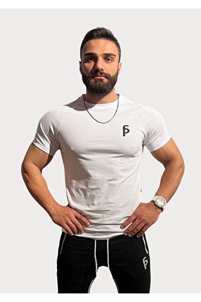 Sporcum Beyaz Slim Fit Pamuklu Dar Kalıp Bisiklet Yaka Reglan Kol Erkek T-shi...