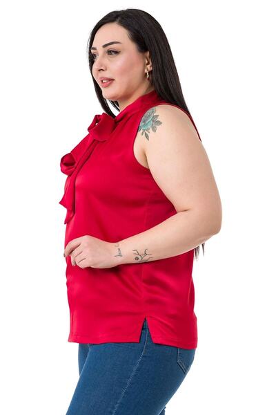 DISENTIS MODEST Plus Size Satin Red Blouse with Scarf and Side Slits