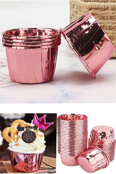 Parti dolabı Set of 25 Rose Gold Metallic Muffin Cake and Soufflé Capsules Shiny Copper Color Cupcake Baking Paper