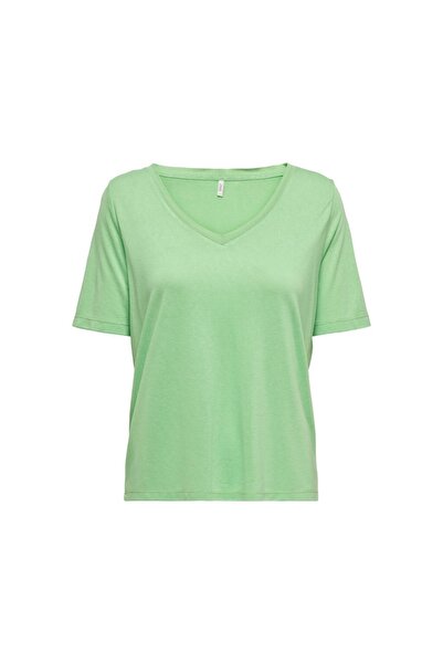 ONLY V Yaka Yeşil Kadın T-shirt 15257390