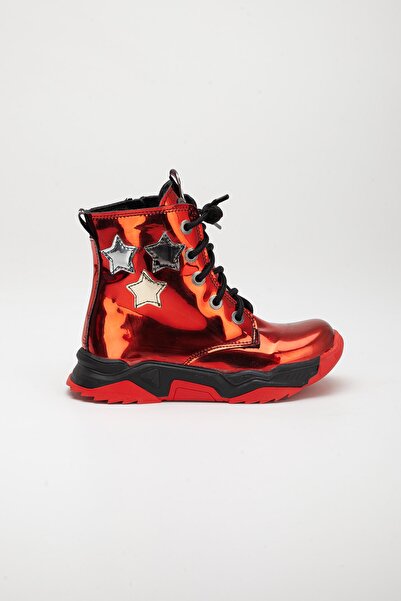 BOUIS Kız Çocuk Kırmızı Parlak Ortopedik Bot Fermuarlı Bağcıklı Kalın Taban Suni Deri Konforlu Postal