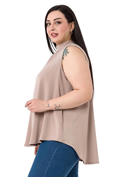 DISENTIS MODEST Plus Size Collar Back Buttoned Stand Collar Flowing Sleeveless Mink Blouse