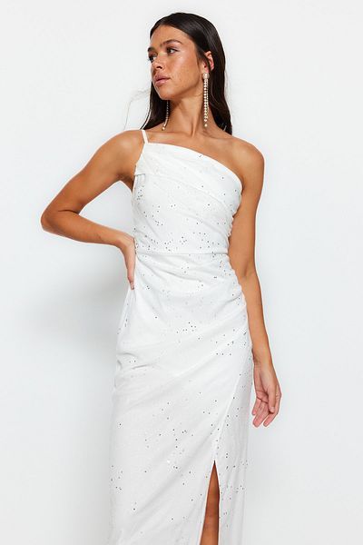 Trendyol Collection Εκρού με υφαντό γκλίτερ παγιέτες γάμου/Nikah μακρύ βραδινό φόρεμα TPRSS23AE00261