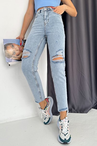 fehika Dámské modré džíny s roztrhanými nohavicemi a vysokým pasem pro maminky pohodlné džínové kalhoty