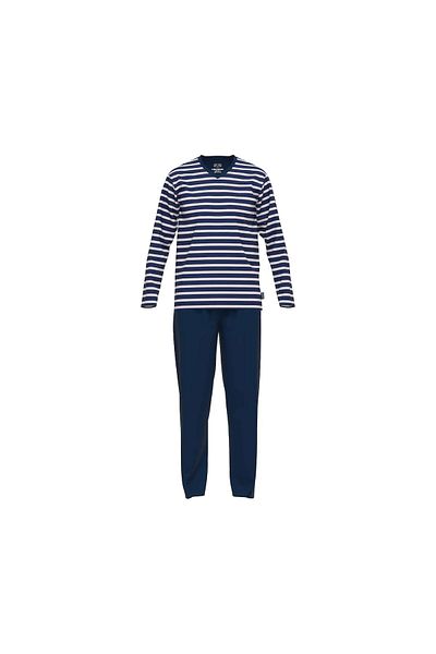 Ceceba Herren Schlafanzug - Pyjama, Baumwollmischung, V-Ausschnitt, Logo, Streifen, lang, einfarbig