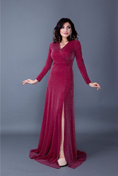 Bidoluelbise Women's Stretchy Glitter Fabric Double Breasted Collar Slit Maxi Length Long Sleeve Evening Dress