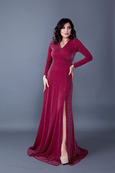 Bidoluelbise Women's Stretchy Glitter Fabric Double Breasted Collar Slit Maxi Length Long Sleeve Evening Dress