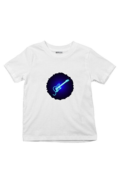 GreenMint تي شيرت للأطفال جيتار كهربائي في ضوء النيون ضد جدار الطوب_em1337