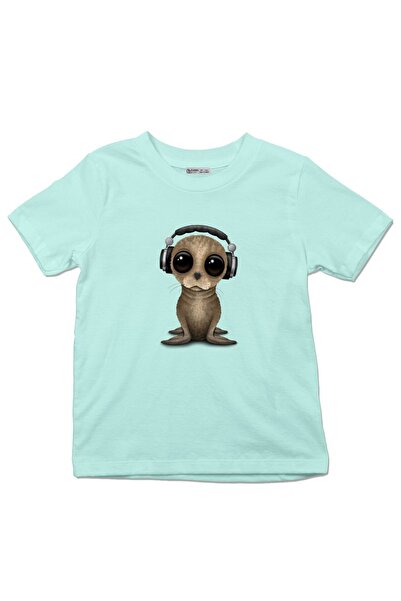 GreenMint تي شيرت للأطفال لطيف بيبي أسد البحر دي جي يرتدي سماعات_ks1119
