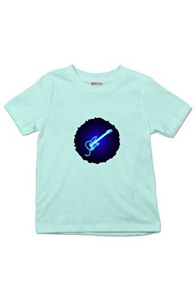 GreenMint تي شيرت للأطفال جيتار كهربائي في ضوء النيون ضد جدار الطوب_em1337