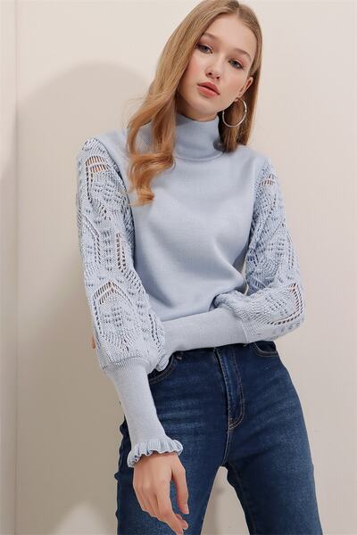 AQE FASHION Pulover de damă, albastru, cu mânecă țestoasă, cu dantelă