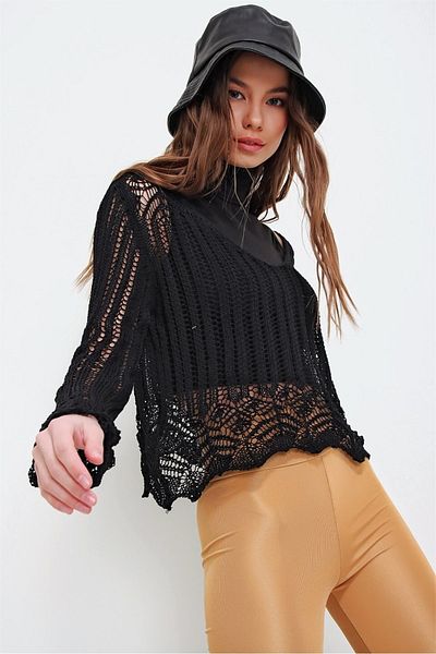 AQE FASHION Pulover de damă negru ajurat din tricotaj