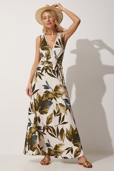 Happiness İstanbul Damen-Sommer-Strickkleid mit Wickelkragen, Khaki, Creme, Blumenmuster, ZH00016