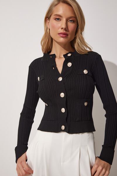 Happiness İstanbul Dámský černý stylový pletený svetr na knoflíky YY00141