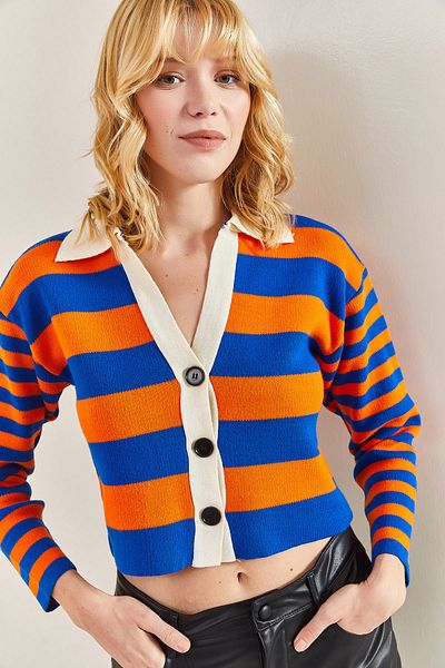 Bianco Lucci Damen-Cardigan aus dickem, gestreiftem Strick mit 3 Knöpfen
