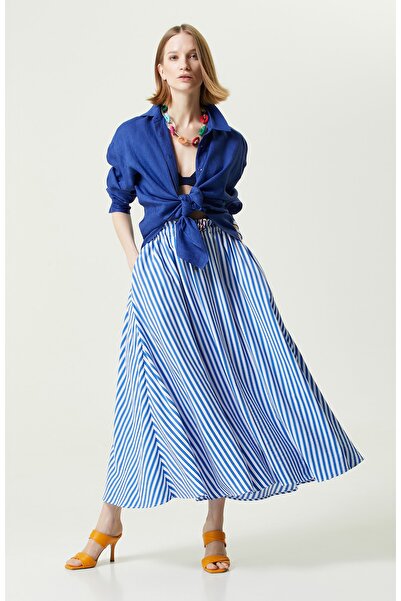 Network Saks Mavisi-beyaz Çizgili Midi Boy Etek