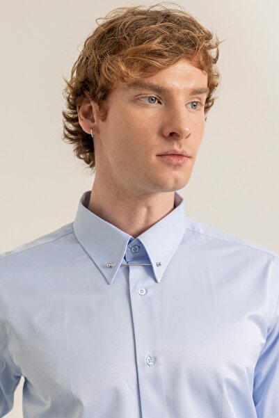 alenmeza Erkek Mavi %100 Pamuk Saten Iğneli Yaka Non-ıron Ütü Istemeyen Casual Modern Fit Cepsiz Gömlek