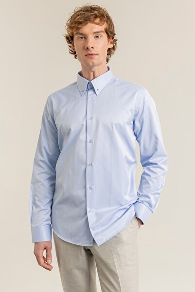 alenmeza Erkek Mavi %100 Pamuk Saten Iğneli Yaka Non-ıron Ütü Istemeyen Casual Modern Fit Cepsiz Gömlek