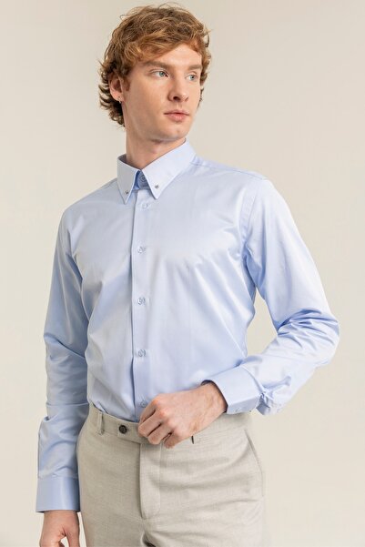 alenmeza Erkek Mavi %100 Pamuk Saten Iğneli Yaka Non-ıron Ütü Istemeyen Casual Modern Fit Cepsiz Gömlek