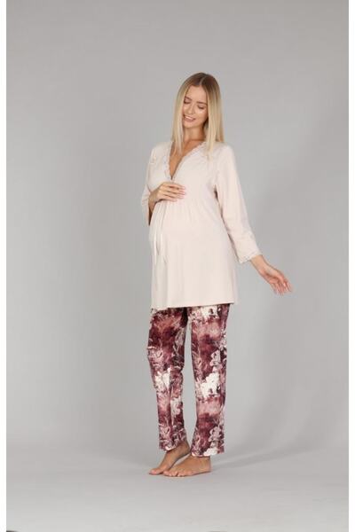 Bone Club 5301 Beige Velvet Maternity 3-Piece Pajamas Dressing Gown Tk