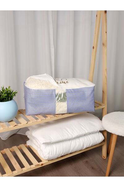 Timburly Yıkanabilir Pamuklu Home Sweet Home Yazılı Mavi En Çizgi Altın Yazı Düzenleyici Hurç 21x28x52cm D63