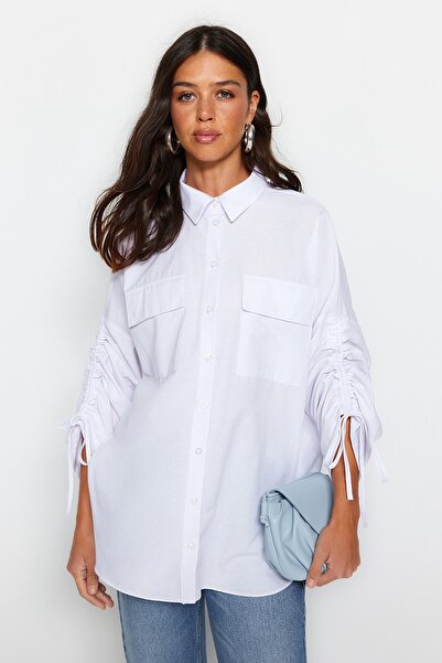 Trendyol Modest White Woven Cotton Shirt with Adjustable Sleeves and Drawstring Detail TCTSS23TG00011