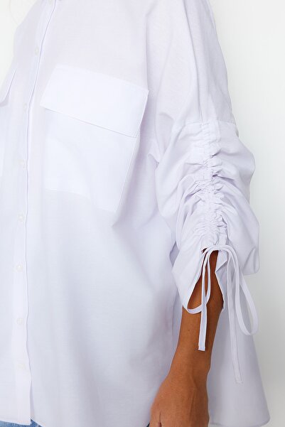 Trendyol Modest White Woven Cotton Shirt with Adjustable Sleeves and Drawstring Detail TCTSS23TG00011