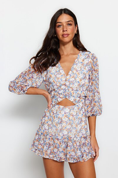 Trendyol Collection Multicolored Floral Patterned Cut Out Detailed Mini Lined Chiffon Woven Jumpsuit TWOSS23TU00113