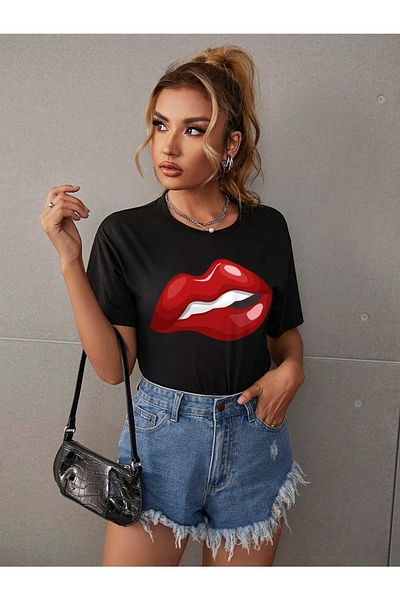 mercoledi Tricou roșu Salas oversize pentru femei Boyfriend Red Lip Printed