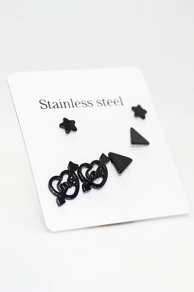EUROMODA Black Color Steel 3-Piece Earring Set with Steel Heart Design Star and Triangle Earrings