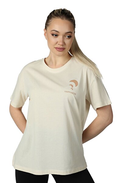 defys Γυναικείο μπλουζάκι μεγάλου μεγέθους σε μπεζ χρώμα - εμπρός και πίσω εμπριμέ, κοντό μανίκι, λαιμόκοψη