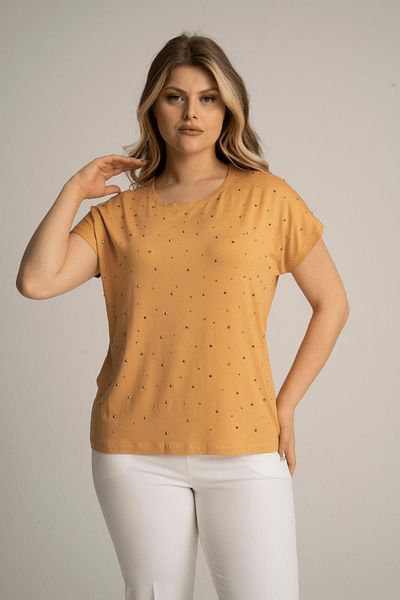 Nelly Plus Size Stoned Short Sleeve Mustard Color Blouse