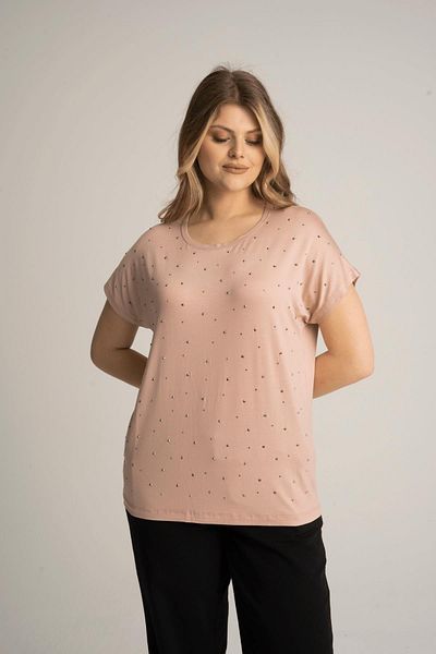 Nelly Plus Size Short Sleeve Powder Color Blouse with Jewelled Front