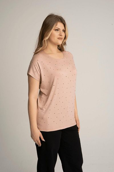Nelly Plus Size Short Sleeve Powder Color Blouse with Jewelled Front